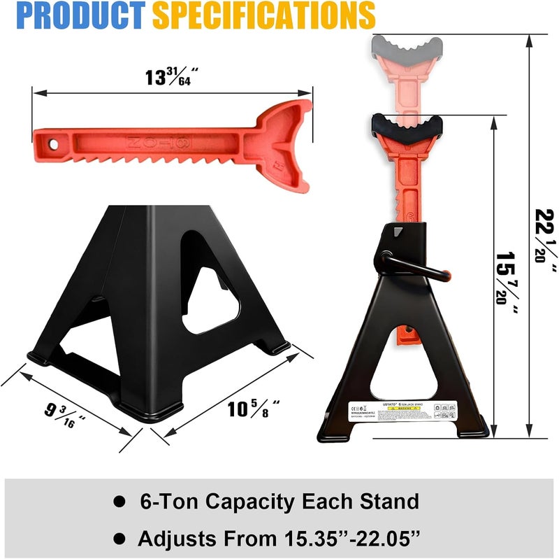 USYATO Upgraded 6 Ton Jack Stands (13,200 LBs) with 2 Crossbars&Double Locking - Heavy Duty Adjustable Car Jack Stand for Trucks, SUV, Car, UTV/ATV Garage Lifting Tool, 15.35"-22.05" Height, 1 Pair - Image 2